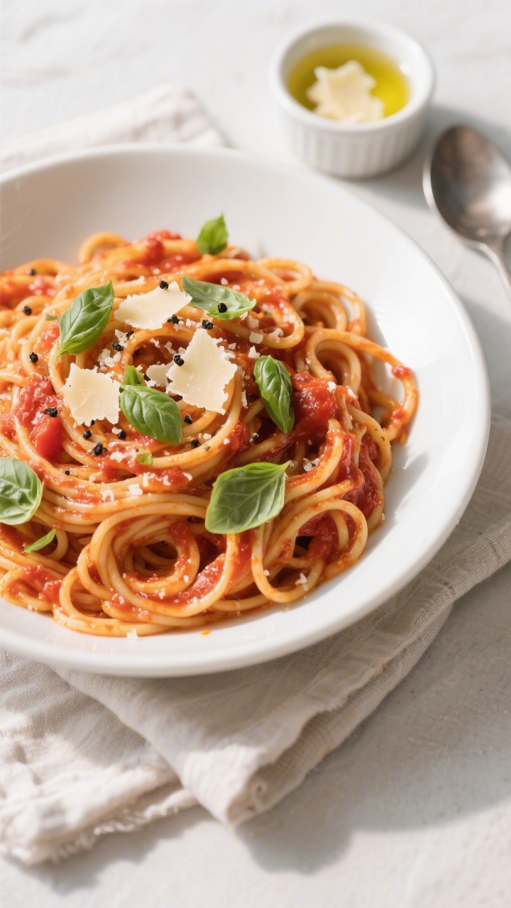 Tasty top view: Overhead shot of spaghetti tossed in a bright, glossy tomato sauce, sauce clinging s