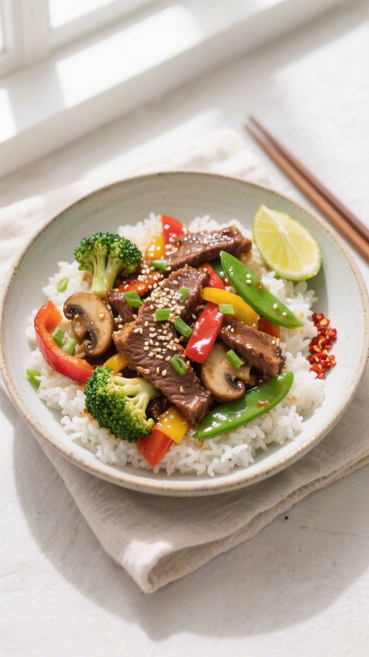 Tasty top view: Overhead shot of steak stir fry served over fluffy white rice in a wide, shallow cer