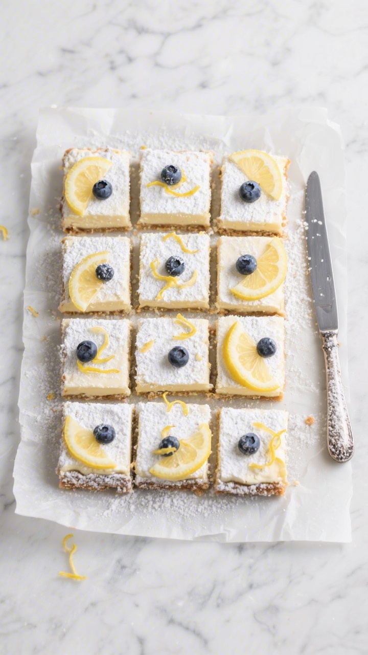 Tasty top view: Overhead shot of the sliced lemon blueberry cheesecake bars arranged in a neat 4x4 g