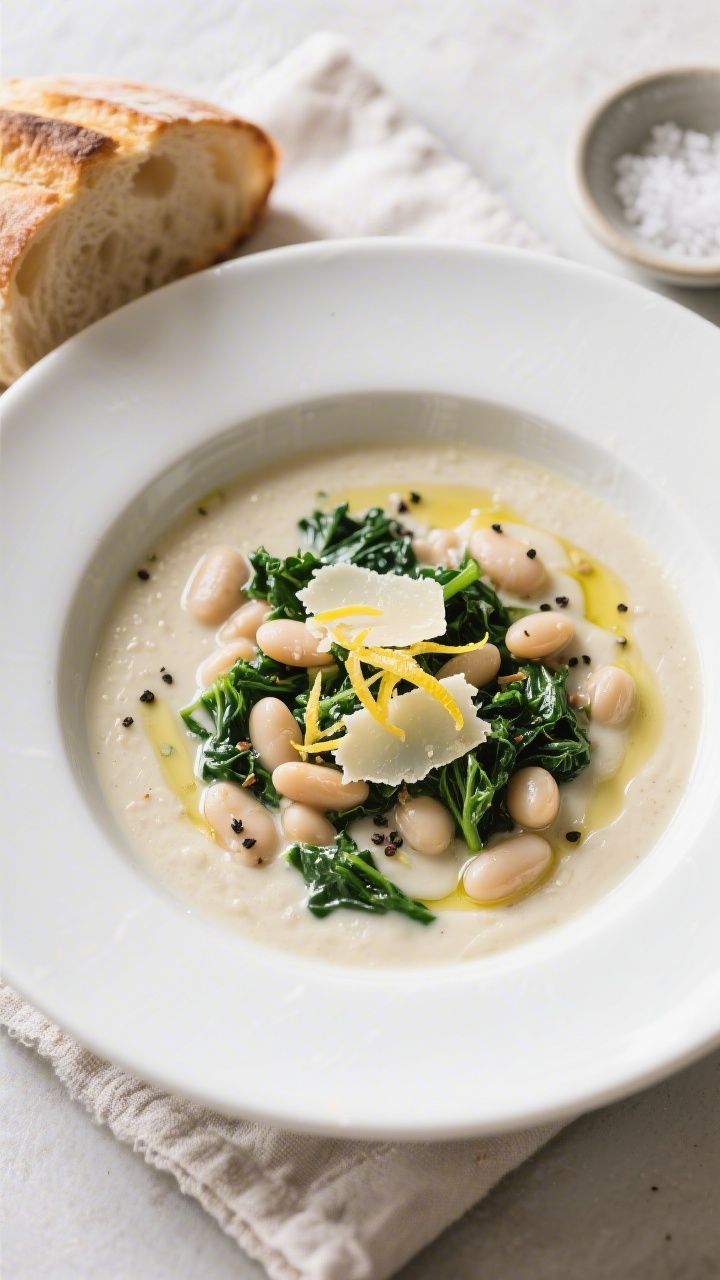 Tasty top view, overhead shot: Overhead bowl of white bean soup after partial blending—creamy base
